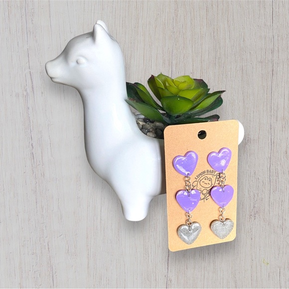 Handmade Lavender Purple and Speckled Grey Heart Drop Dangle Earrings - Picture 2 of 7